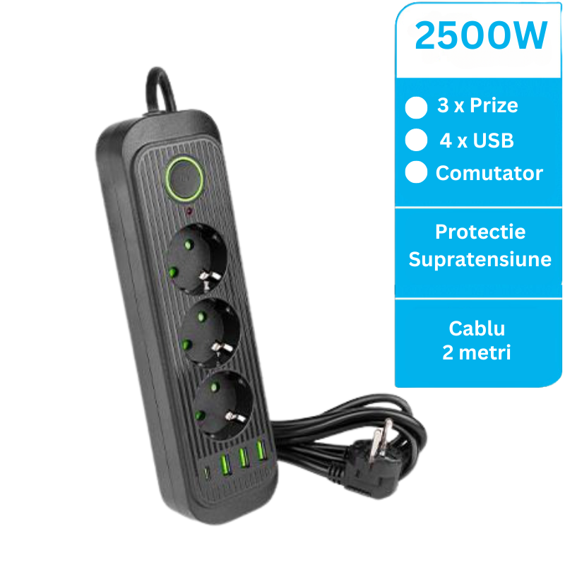 Prelungitor cu 3 prize + 3xUSB-A + 1xUSB-C, protectie supratensiune, cablu 2m