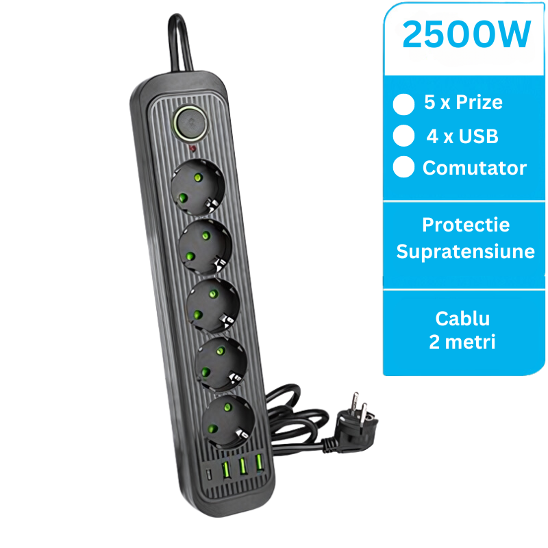 Prelungitor cu 5 prize + 3xUSB-A + 1xUSB-C, protectie supratensiune, cablu 2m