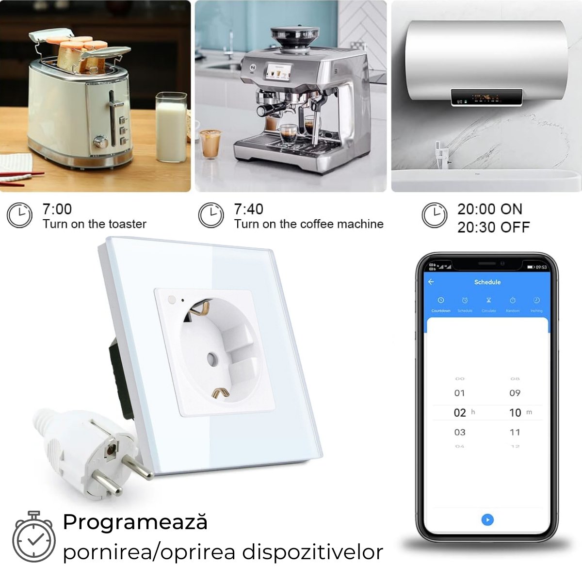 Priza inteligenta de perete, Wi-Fi, Rama din sticla, Monitorizare consum, Smart Life / Tuya APP, Albsmarrt.rosmarrt.ro