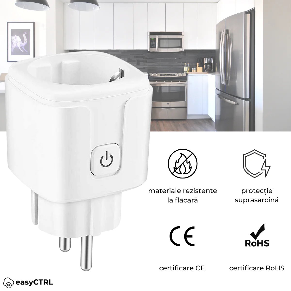 Priza inteligenta Wi-Fi, 16A, Monitorizare consum energie, Control vocal, Smart Life / Tuya APP, easyCTRL®smarrt.roeasyCTRL