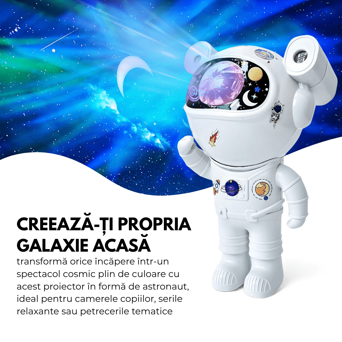 Proiector Galaxie Astronaut, Boxa Bluetooth, Lampa de veghe, Suport Magnetic Reglabil 360°, Brate Mobile, Albsmarrt.roproiectoreasyCTRL