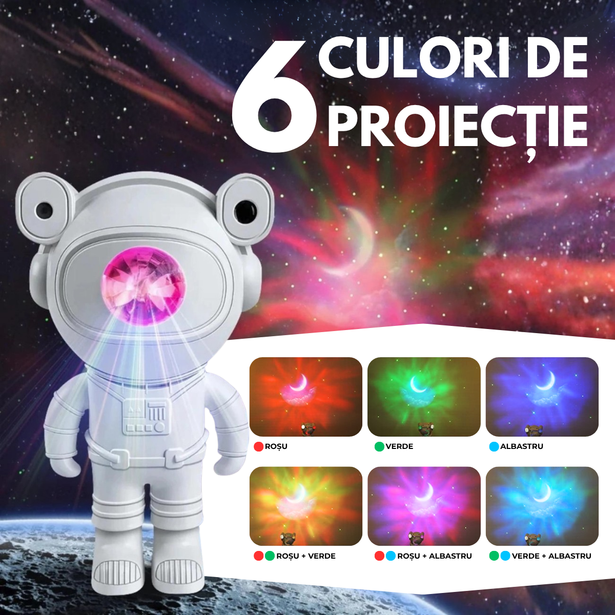 Proiector Galaxie Astronaut, Boxa Bluetooth, Lampa de veghe, Suport Magnetic Reglabil 360°, Brate Mobile, Albsmarrt.roproiectoreasyCTRL