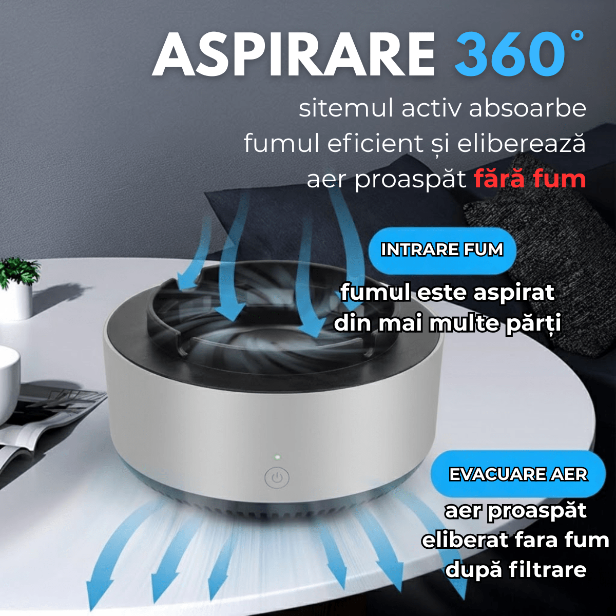 Scrumiera Electrica Multifunctionala 3 - in - 1, Aspirare Fum 360°, Purificare Aer, Tableta Odorizanta, Oprire Automata, Alimentare pe Baterii, easyCTRL®smarrt.roscrumiera electricaeasyCTRL