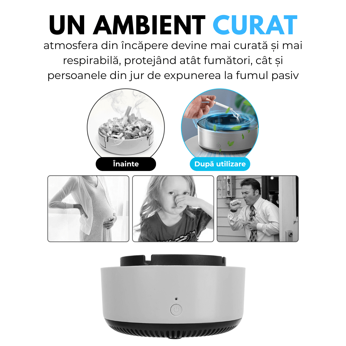 Scrumiera Electrica Multifunctionala 3 - in - 1, Aspirare Fum 360°, Purificare Aer, Tableta Odorizanta, Oprire Automata, Alimentare pe Baterii, easyCTRL®smarrt.roscrumiera electricaeasyCTRL