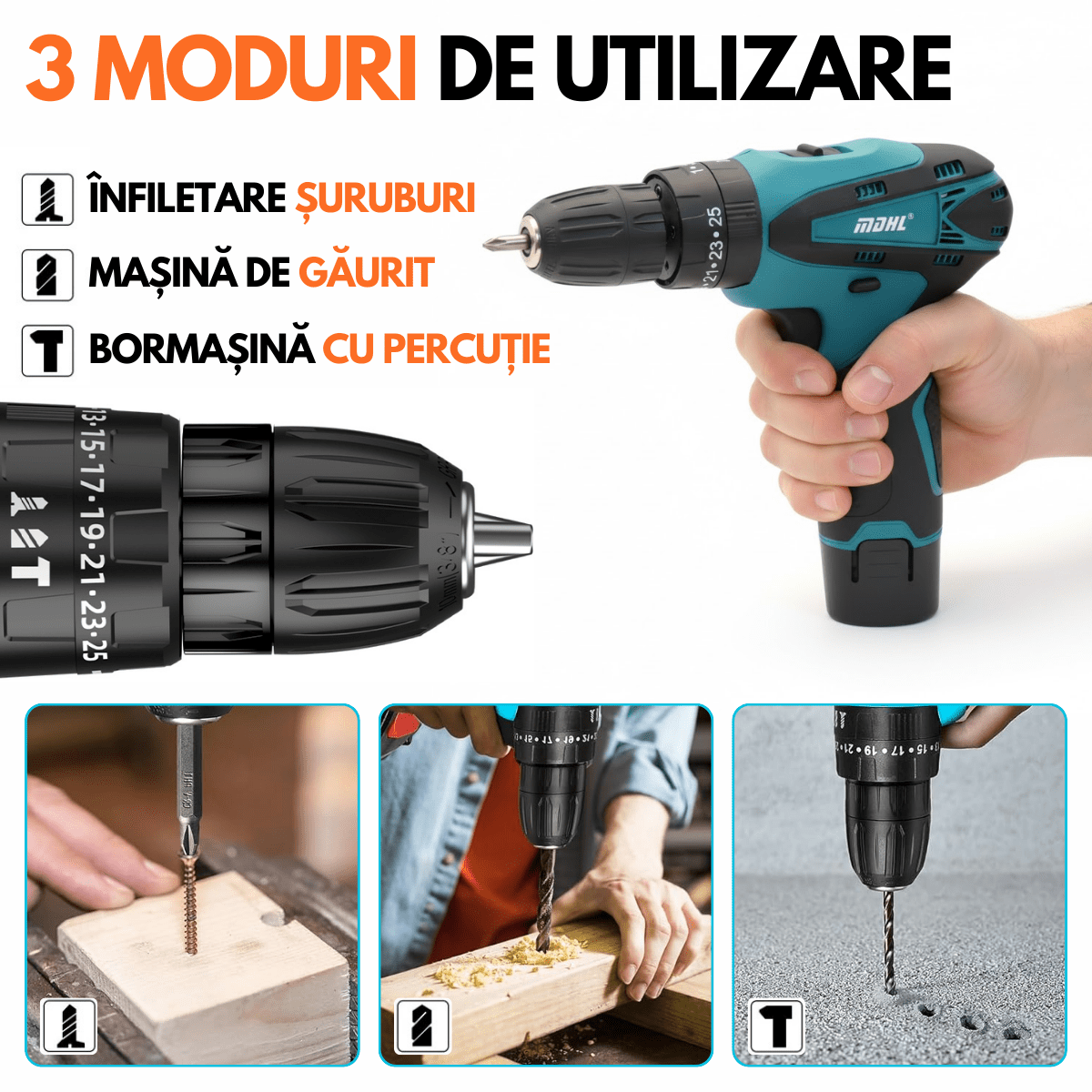 Set Masina de Gaurit si Insurubat + Flex/Polizor cu Baterie, 2 discuri 76mm, 4 Acumulatori, Cutie cu 25 accesoriismarrt.roMDHL