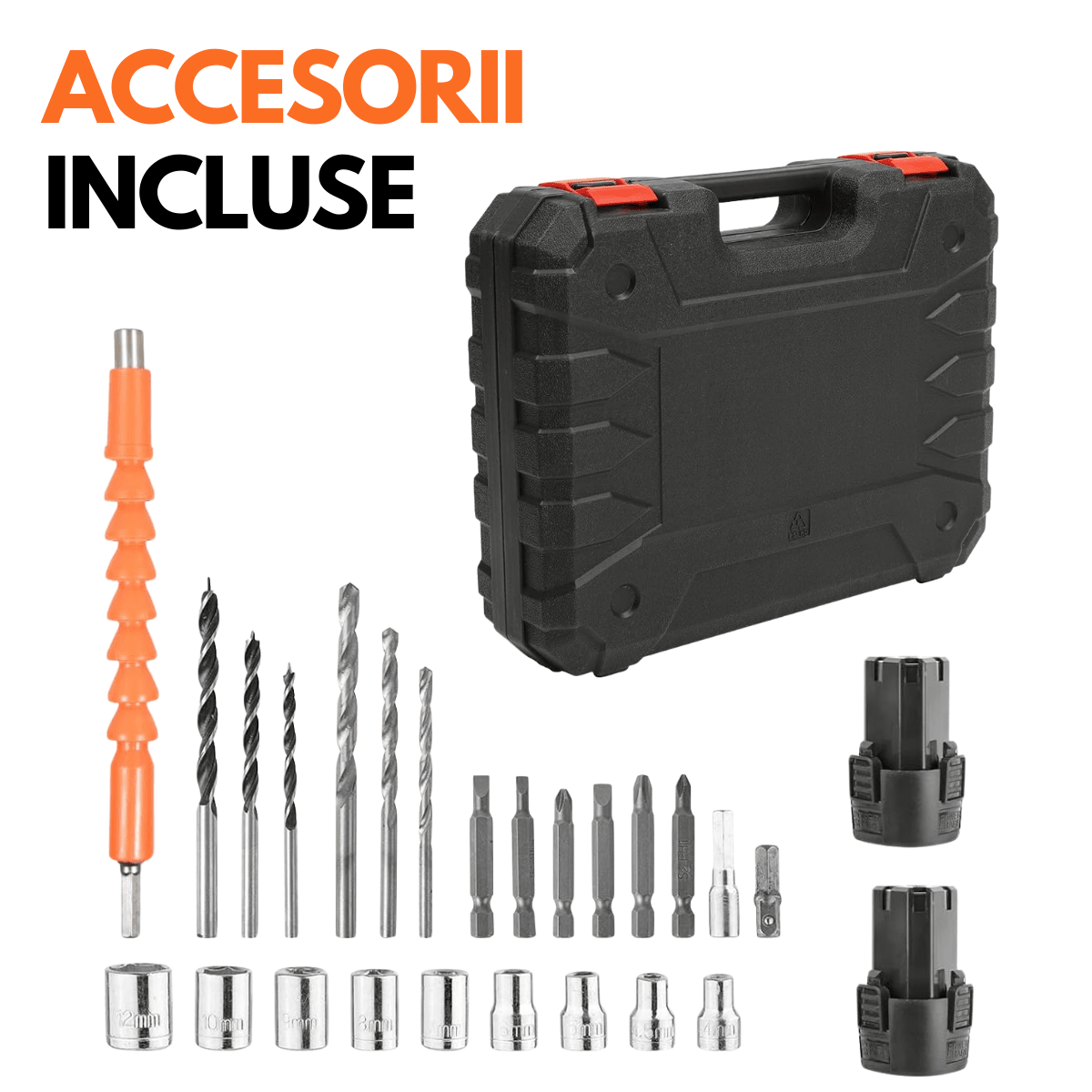 Set Masina de Gaurit si Insurubat + Flex/Polizor cu Baterie, 2 discuri 76mm, 4 Acumulatori, Cutie cu 25 accesoriismarrt.roMDHL
