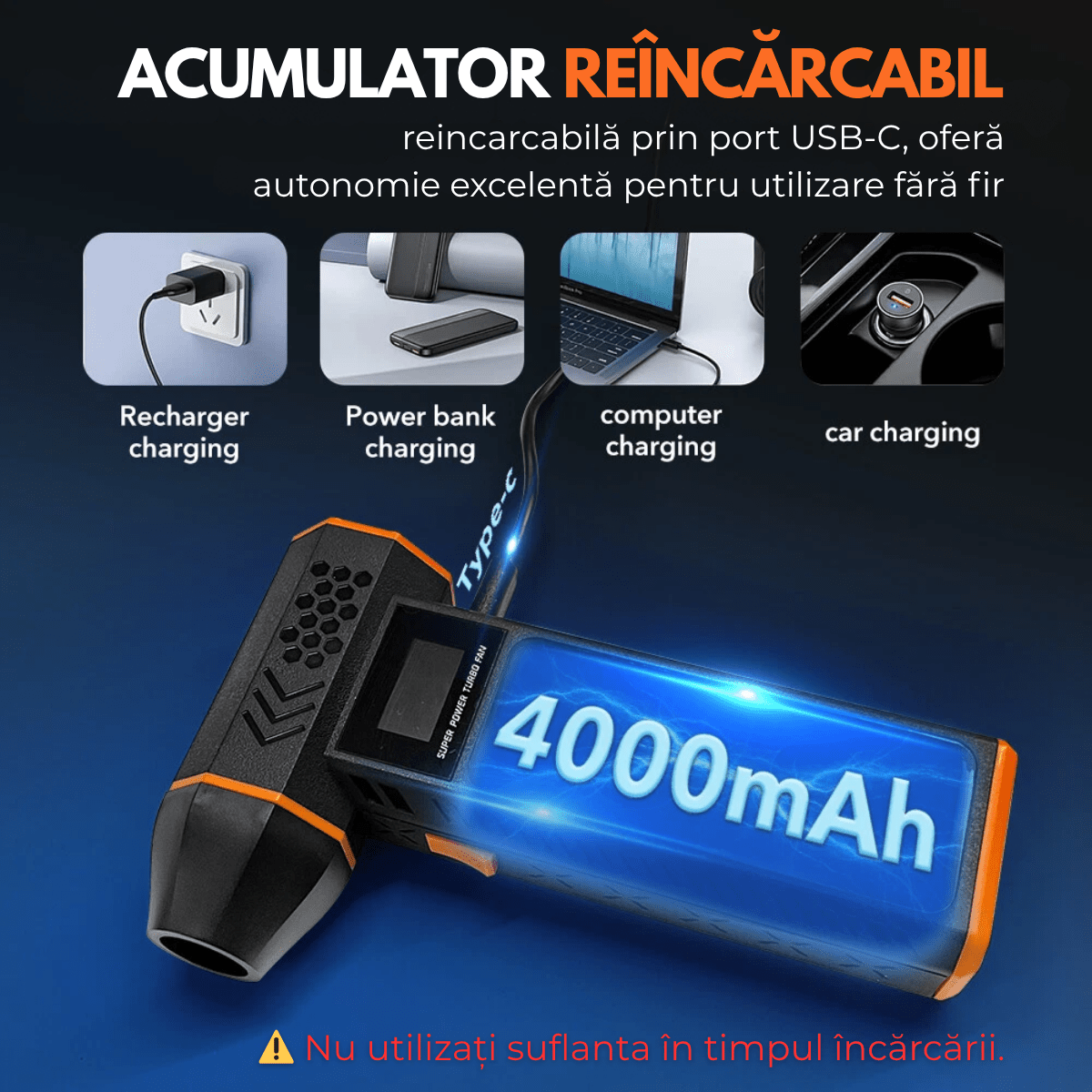 Suflanta Aer Turbo Multifunctionala, Portabila, Acumulator Reincarcabil 4000mAh, Viteza de Rotatie 130.000 rpm, Negru - Portocaliusmarrt.roeasyCTRL