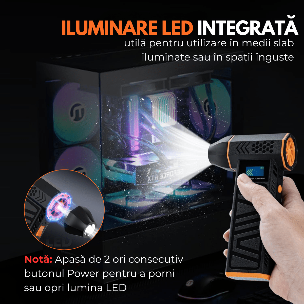 Suflanta Aer Turbo Multifunctionala, Portabila, Acumulator Reincarcabil 4000mAh, Viteza de Rotatie 130.000 rpm, Negru - Portocaliusmarrt.roeasyCTRL