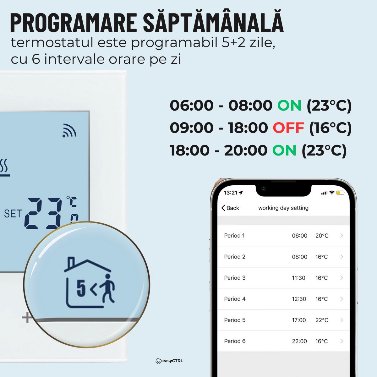 Termostat inteligent Wi-Fi pentru centrala termica, Smart Life / Tuya APP, Control vocal, Alb, easyCTRL®smarrt.roeasyCTRL