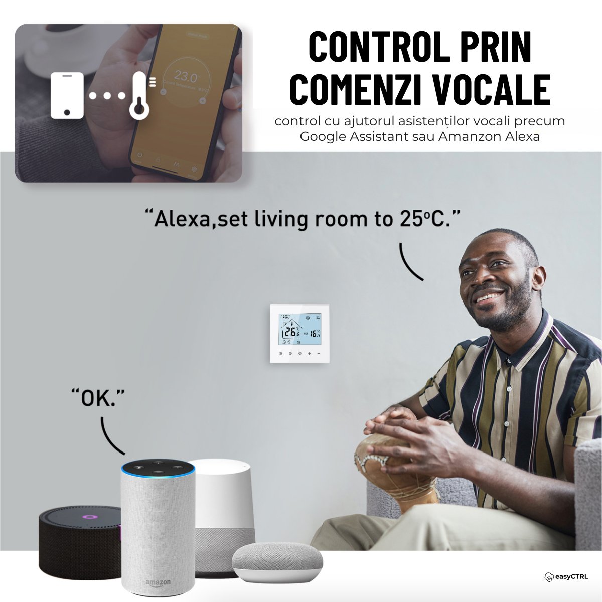 Termostat inteligent Wi-Fi pentru centrala termica, Smart Life / Tuya APP, Control vocal, Alb, easyCTRL®smarrt.roeasyCTRL