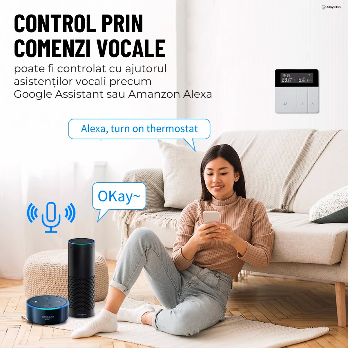 Termostat inteligent Wi-Fi pentru centrala termica, Smart Life / Tuya APP, Control vocal, easyCTRL®smarrt.rosmarrt.ro