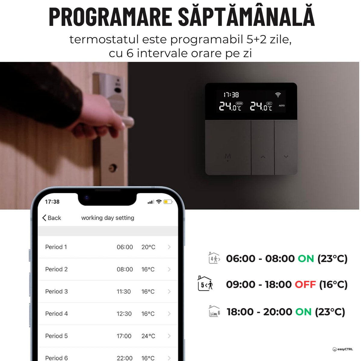 Termostat inteligent Wi-Fi pentru centrala termica, Smart Life / Tuya APP, Control vocal, easyCTRL®smarrt.rosmarrt.ro