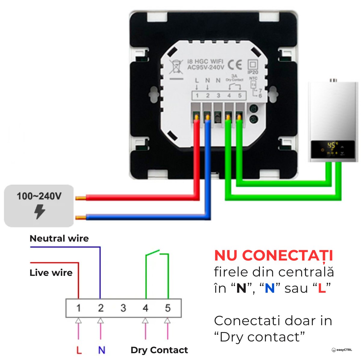 Termostat inteligent Wi-Fi pentru centrala termica, Smart Life / Tuya APP, Control vocal, easyCTRL®smarrt.rosmarrt.ro