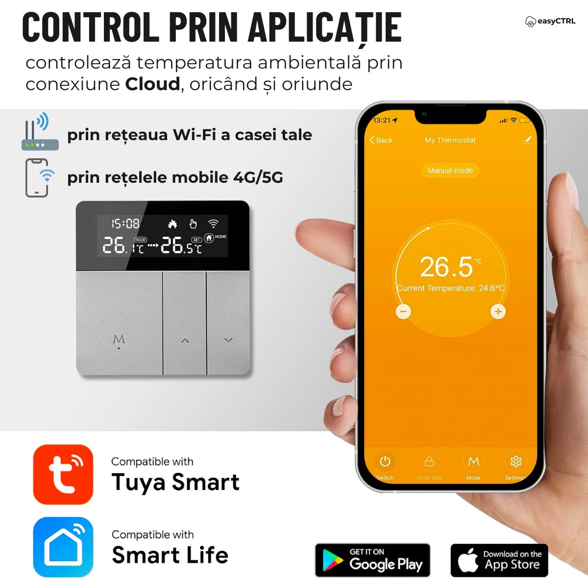 Termostat inteligent Wi-Fi pentru centrala termica, Smart Life / Tuya APP, Control vocal, easyCTRL®smarrt.rosmarrt.ro