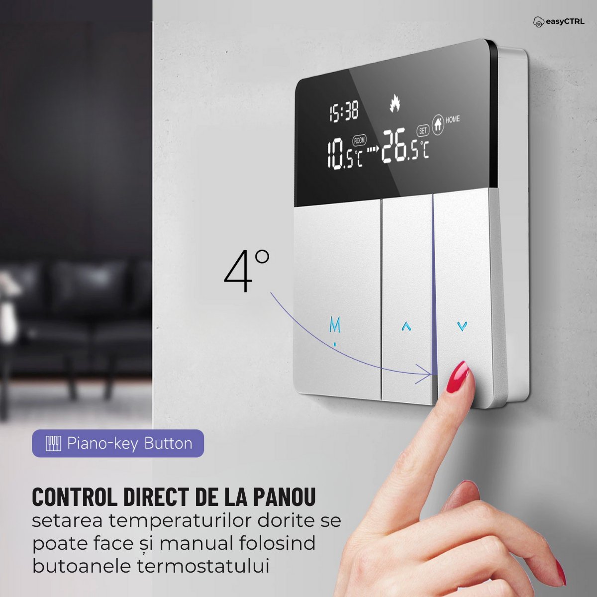 Termostat inteligent Wi-Fi pentru centrala termica, Smart Life / Tuya APP, Control vocal, easyCTRL®smarrt.rosmarrt.ro