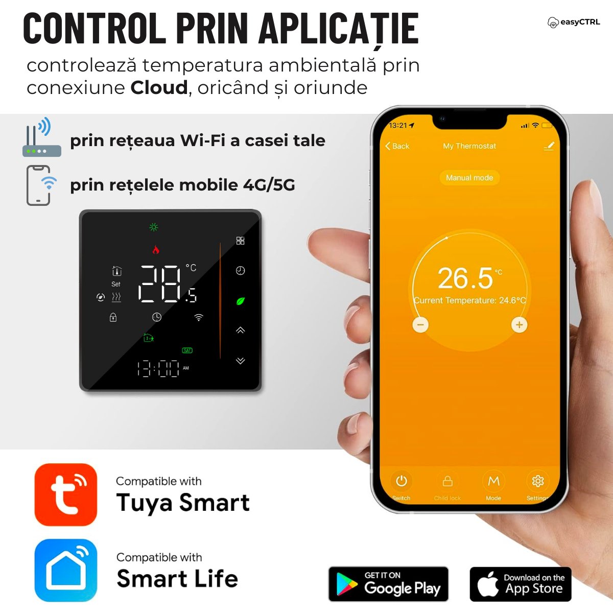 Termostat inteligent Wi-Fi pentru centrala termica, Smart Life / Tuya APP, Control vocal, Negru, easyCTRL®smarrt.roeasyCTRL