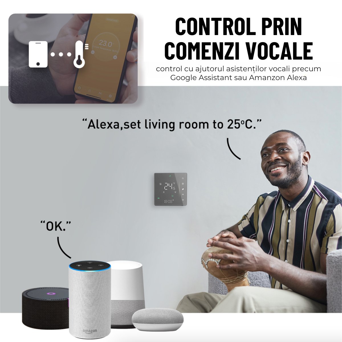 Termostat inteligent Wi-Fi pentru centrala termica, Smart Life / Tuya APP, Control vocal, Negru, easyCTRL®smarrt.roeasyCTRL