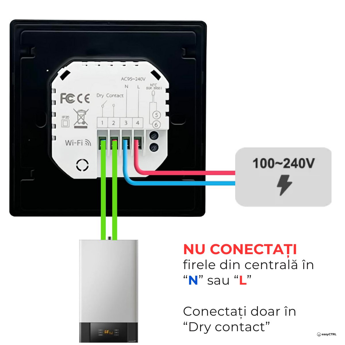 Termostat inteligent Wi-Fi pentru centrala termica, Smart Life / Tuya APP, Control vocal, Negru, easyCTRL®smarrt.roeasyCTRL