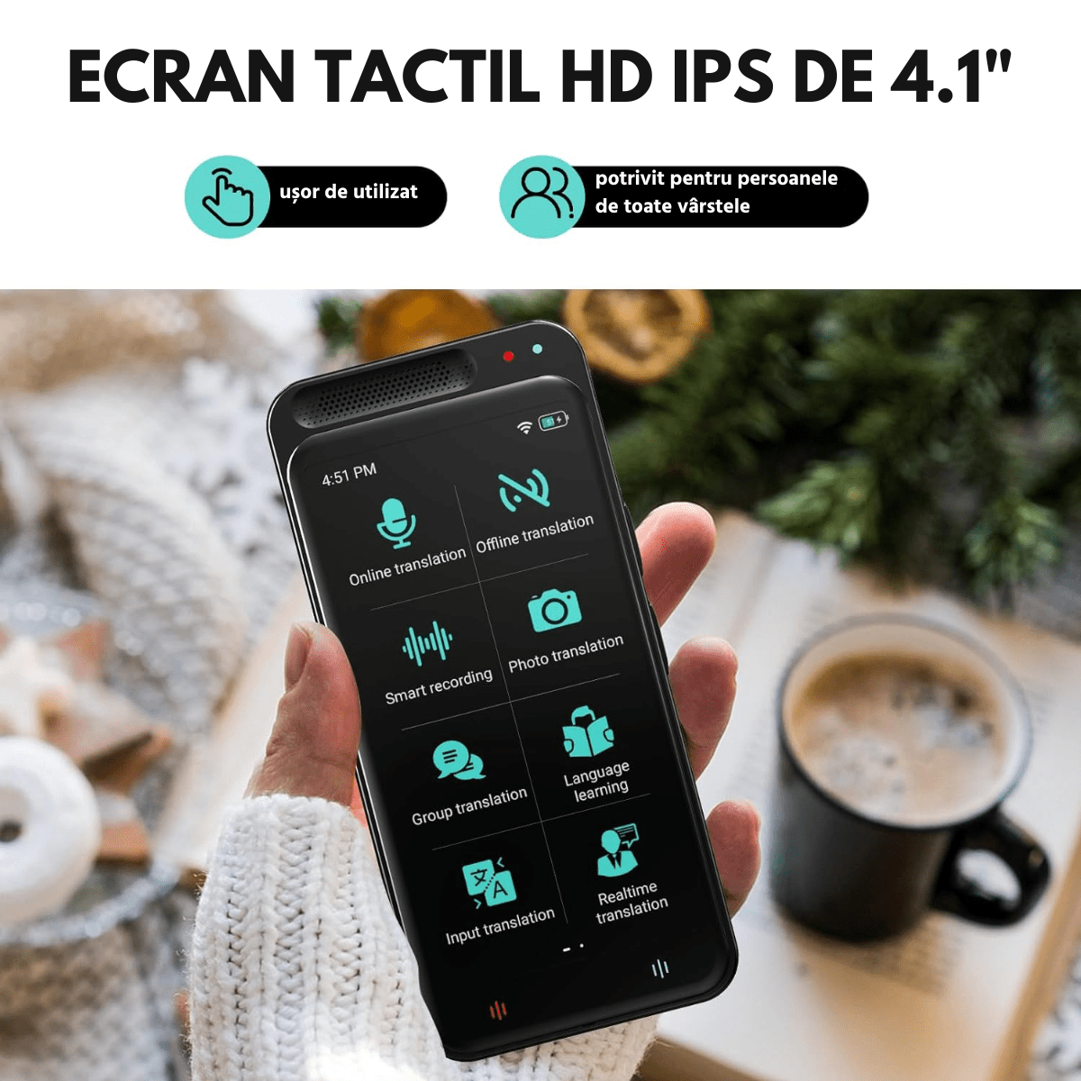 Traducator Inteligent M3 Pro, Asistent AI, Bluetooth, 139+ Limbi, Traducere Vocala, Traducere Foto, Traducere Inregistrari, Ecran tactil 4.1 inch, Schimb Valutar, 8GB, easyCTRL®smarrt.rotraducatoreasyCTRL