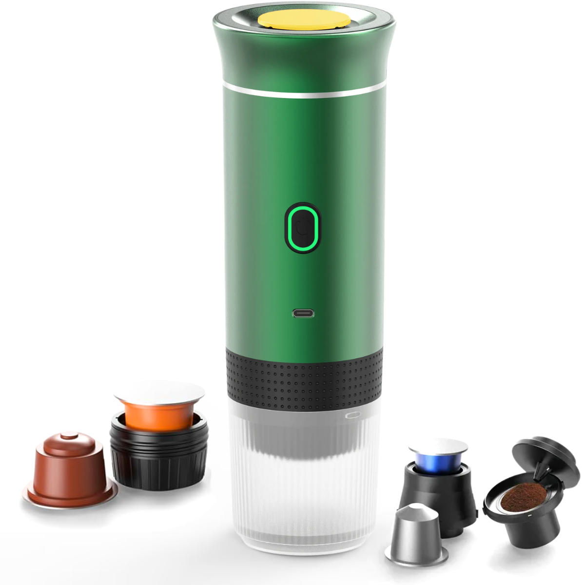Espressor Portabil 3 in 1, Capsule Nespresso, Nescafe Dolce Gusto, Cafea macinata, 20 bar, 72W, Baterie 7500mAh, Verde, easyCTRL®